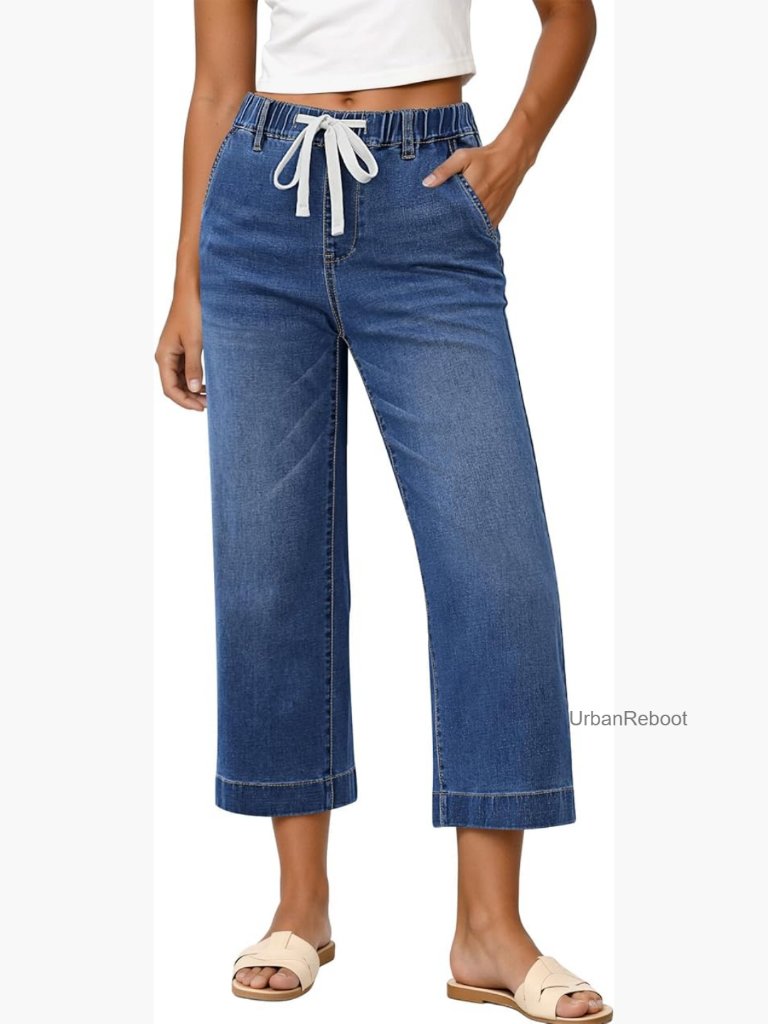High Waisted Wide Leg Pull On Capri Jeans For Women Stretchy Summer